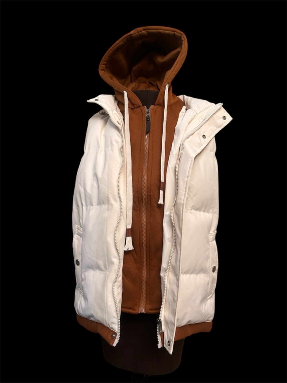 Men's White Puffer Vest with Brown Hooded Layer